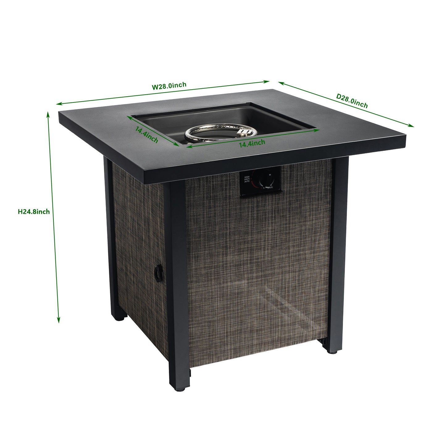 40000BTU Square Propane Fire Pit Table Steel Tabletop with Textile Side Panel Steel Lid and Rocks