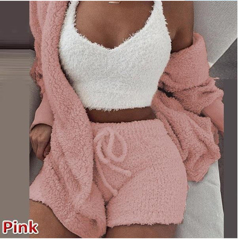 Women's clothing, winter plush home wear, casual 3Pcs pajamas long sleeved shorts sports set