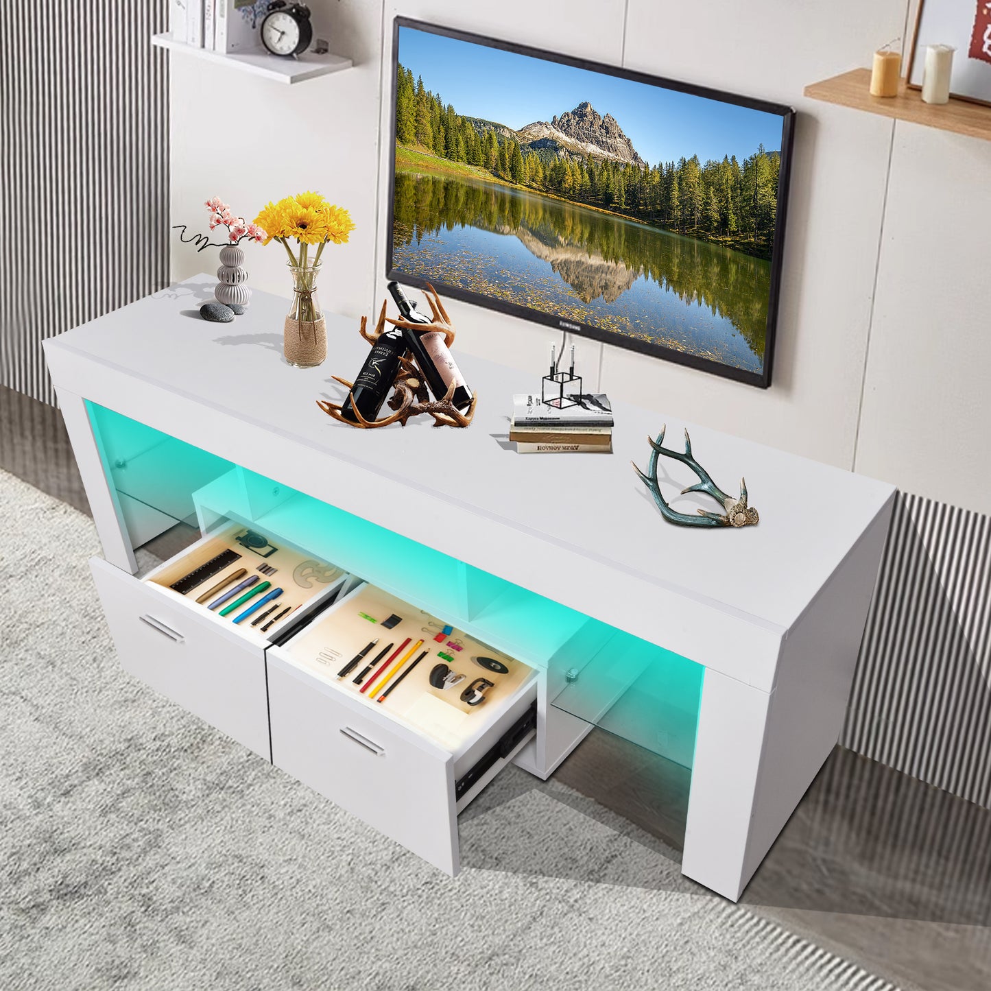 LED TV stand modern TV stand with storage Entertainment Center with drawer TV cabinet for Up to 75 inch for Gaming Living Room B