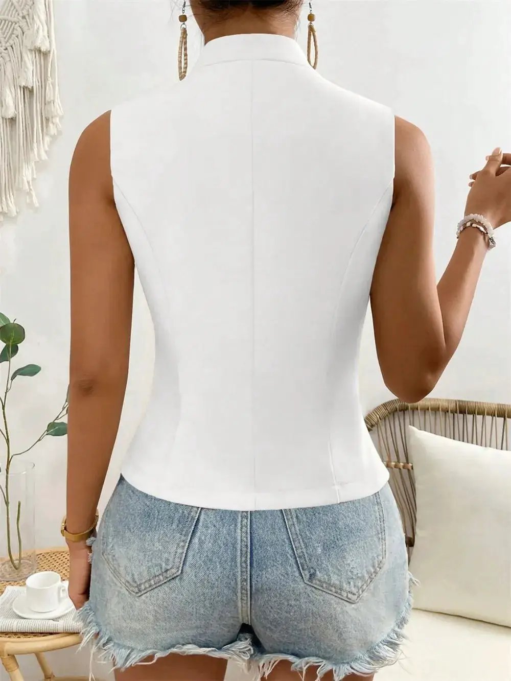 eprolo Button Down Vest Coat, white sleeveless tailored vest with stand collar, back view