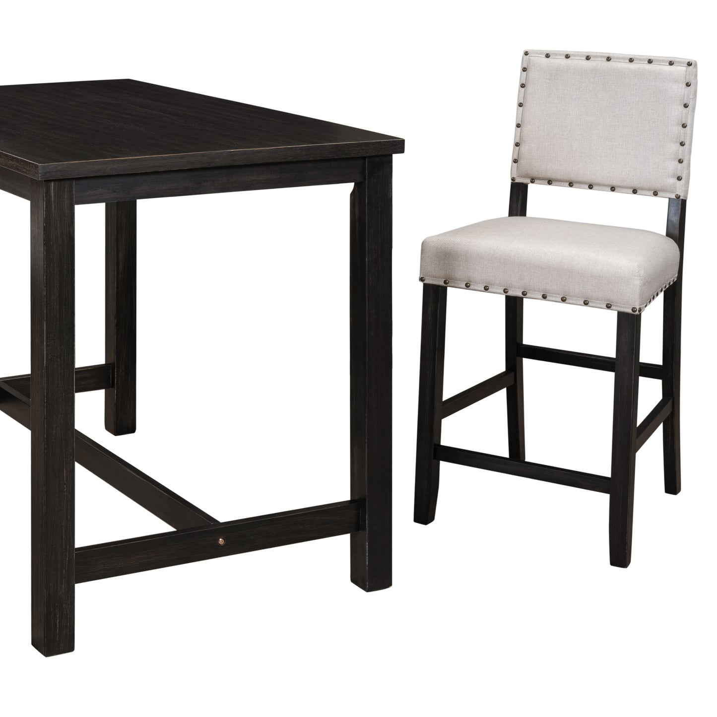 TOPMAX 5 Piece Rustic Wooden Counter Height Dining Table Set with 4 Upholstered Chairs for Small Places Espresso+ Beige