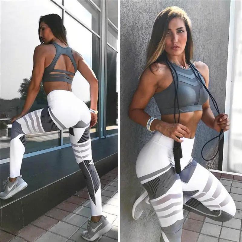 Yoga leggings for women in gray and white geometric panels; plus-size, stretchy running tights.