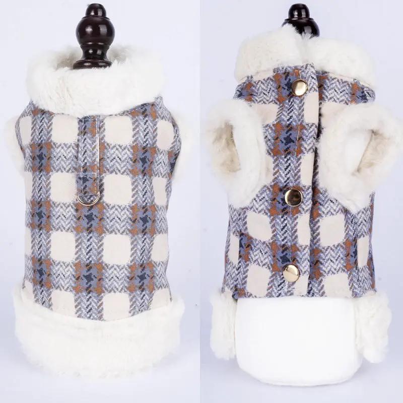 Dog plaid faux-fur vest with warm plush lining and cream trim, D-ring and button closures for small pets