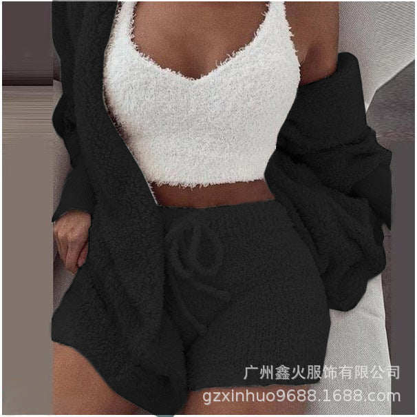 Women's clothing, winter plush home wear, casual 3Pcs pajamas long sleeved shorts sports set