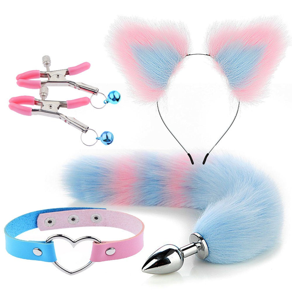 Erotic Ear Hairpin Posterior Anal Plugs Female Apparatus Sex Toys SM Metal Erotic Set Fox Tail 4 Pcs Set