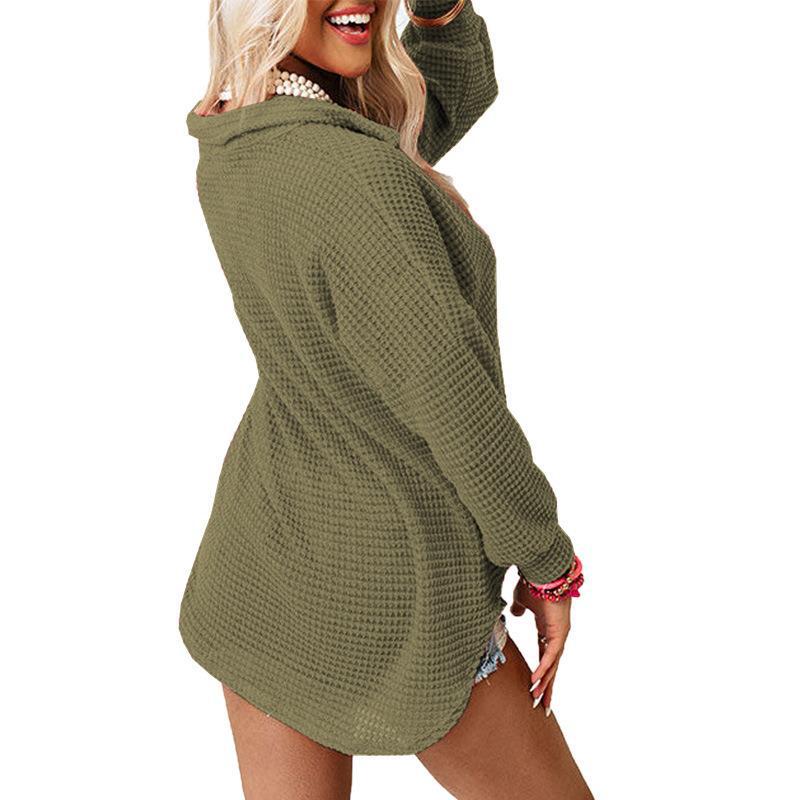 Waffle-Knit Collared Neck Long Sleeve Shirt