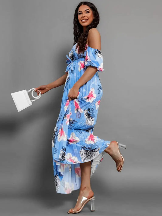 Pleated Floral Off-Shoulder Short Sleeve Midi Dress by Oz-Direct.com