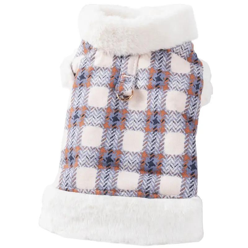 eprolo dog vest coat with blue-orange plaid and white faux fur trim