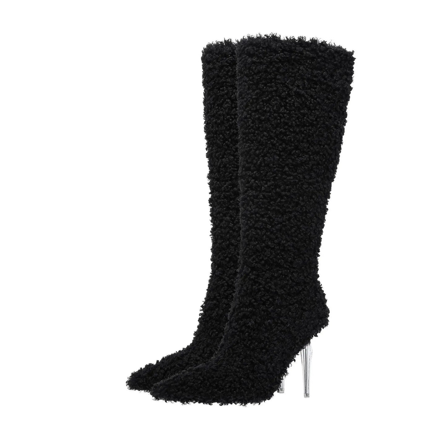 Knee-high boots in black faux-wool with pointed toe and clear crystal heels, by eprolo