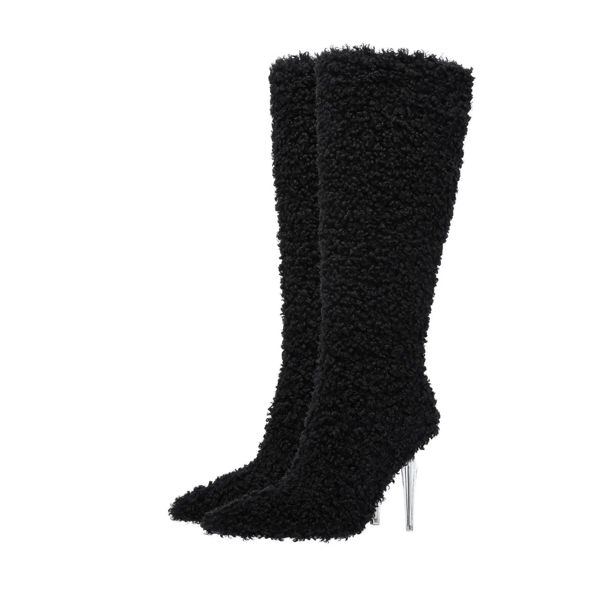 Knee-high boots in black faux-wool with pointed toe and clear crystal heels, by eprolo
