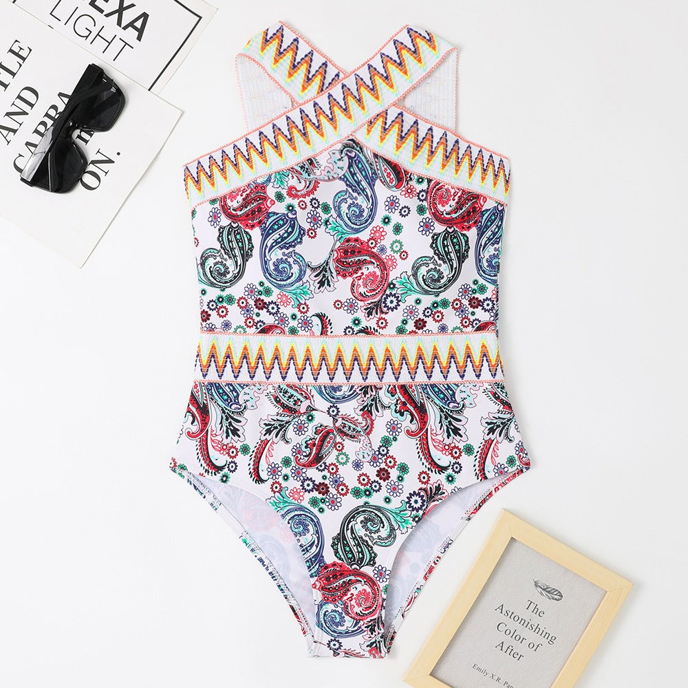 New one-piece swimsuit knitted waistband printed hanging neck one-piece swimsuit