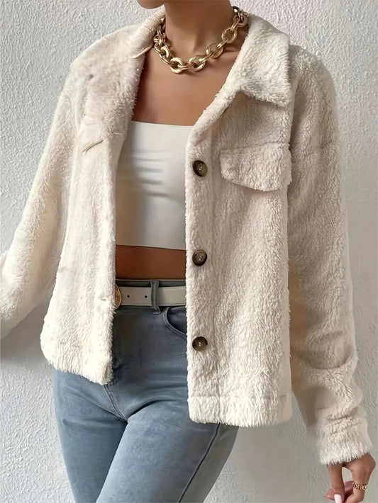 Collared Neck Button Up Jacket with Decorative Pocket Flaps by Oz-Direct.com