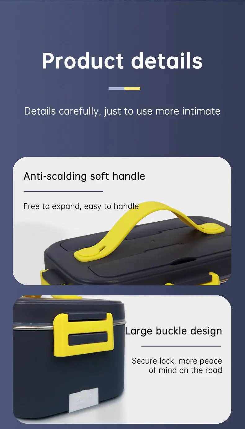 Eprolo portable heated lunch box with yellow handle and buckle, navy blue body.