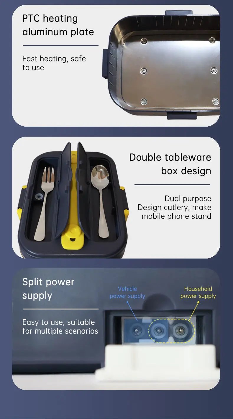 eprolo portable heated lunch box with heating plate, dual compartments and utensils; car and home power options