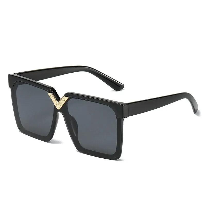eprolo One Piece square V-shaped sunglasses, oversized black frames with gold V bridge and gradient lenses