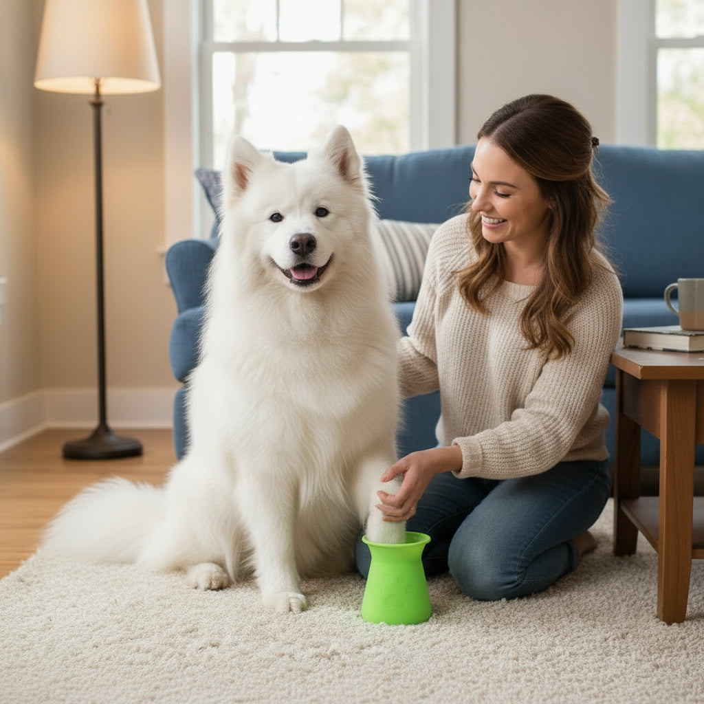 Dog paw cleaner cup by eprolo in lime green silicone with paw print exterior and interior bristles