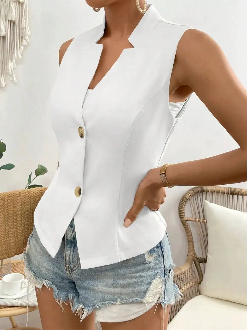 Button Down Vest Coat by eprolo, white sleeveless tailored coat with gold buttons
