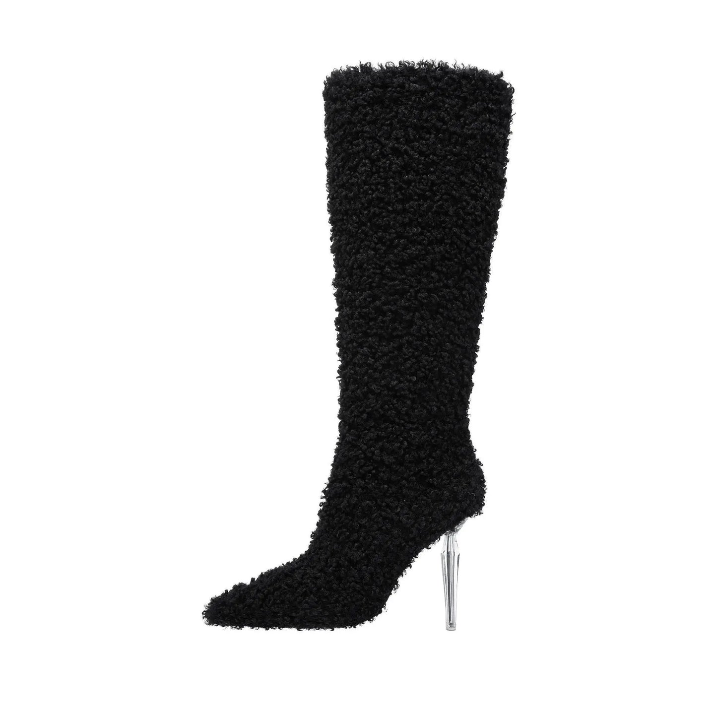 Knee-high boot in black imitation wool with clear stiletto heel