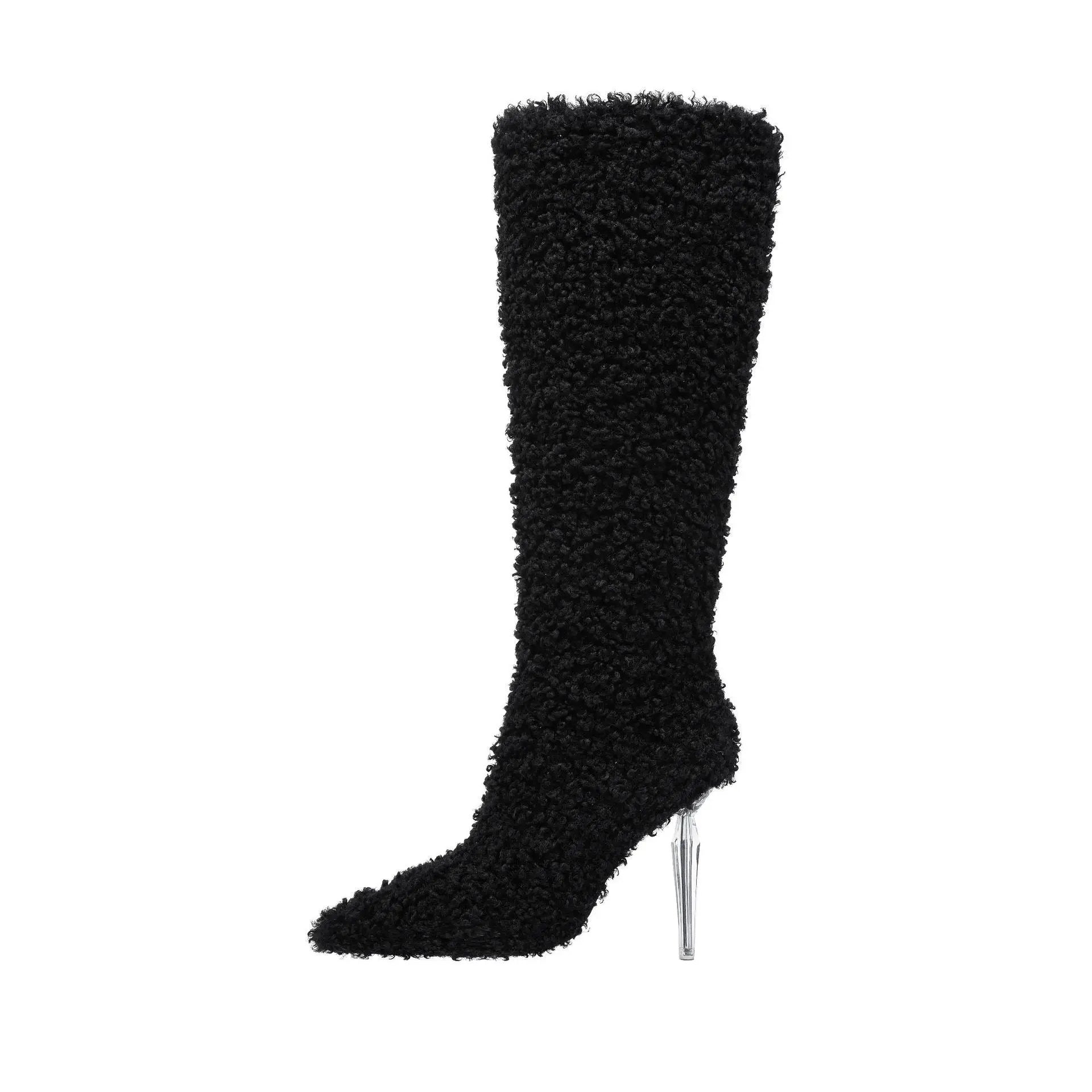 Knee-high boot in black imitation wool with clear stiletto heel