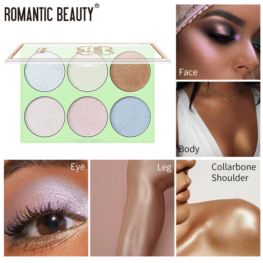 Romantic Beauty 6-Color Highlighter Pearl Brightening Repair Palette Makeup Face Repair Glitter