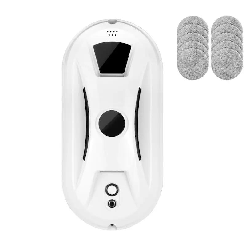 White ultra-thin window cleaning robot with black accents and six gray microfiber pads