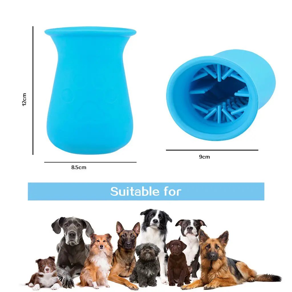 Blue dog paw cleaner cup with interior bristle brush for grooming and paw washing.