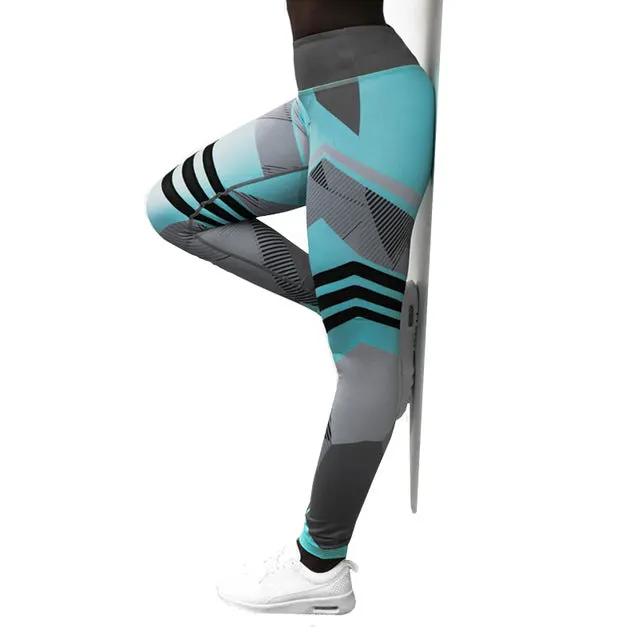 Yoga leggings by eprolo in teal and gray geometric print, plus-size activewear