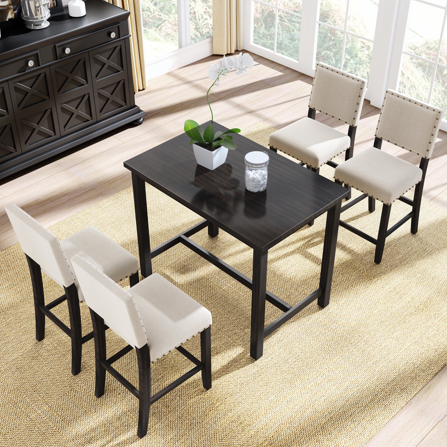 TOPMAX 5 Piece Rustic Wooden Counter Height Dining Table Set with 4 Upholstered Chairs for Small Places Espresso+ Beige