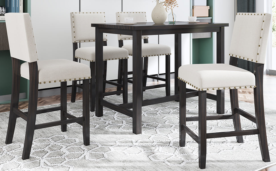 TOPMAX 5 Piece Rustic Wooden Counter Height Dining Table Set with 4 Upholstered Chairs for Small Places Espresso+ Beige