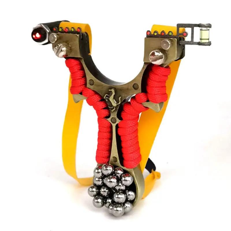 Metal flat slingshot by eprolo, yellow frame, red wrapped grips, built-in magnet, laser infrared sight, ammo balls