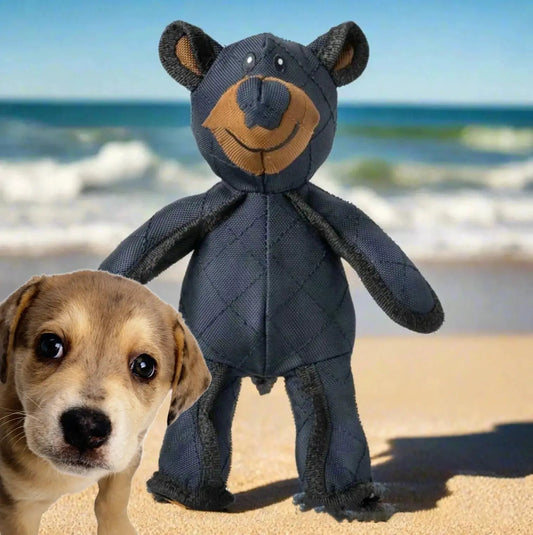 Mighty Bear plush dog toy, dark blue quilted fabric, interactive soundmaking