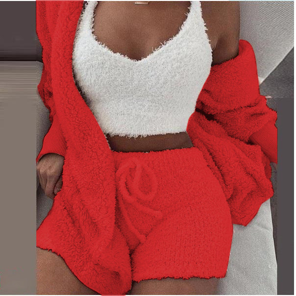 Women's clothing, winter plush home wear, casual 3Pcs pajamas long sleeved shorts sports set