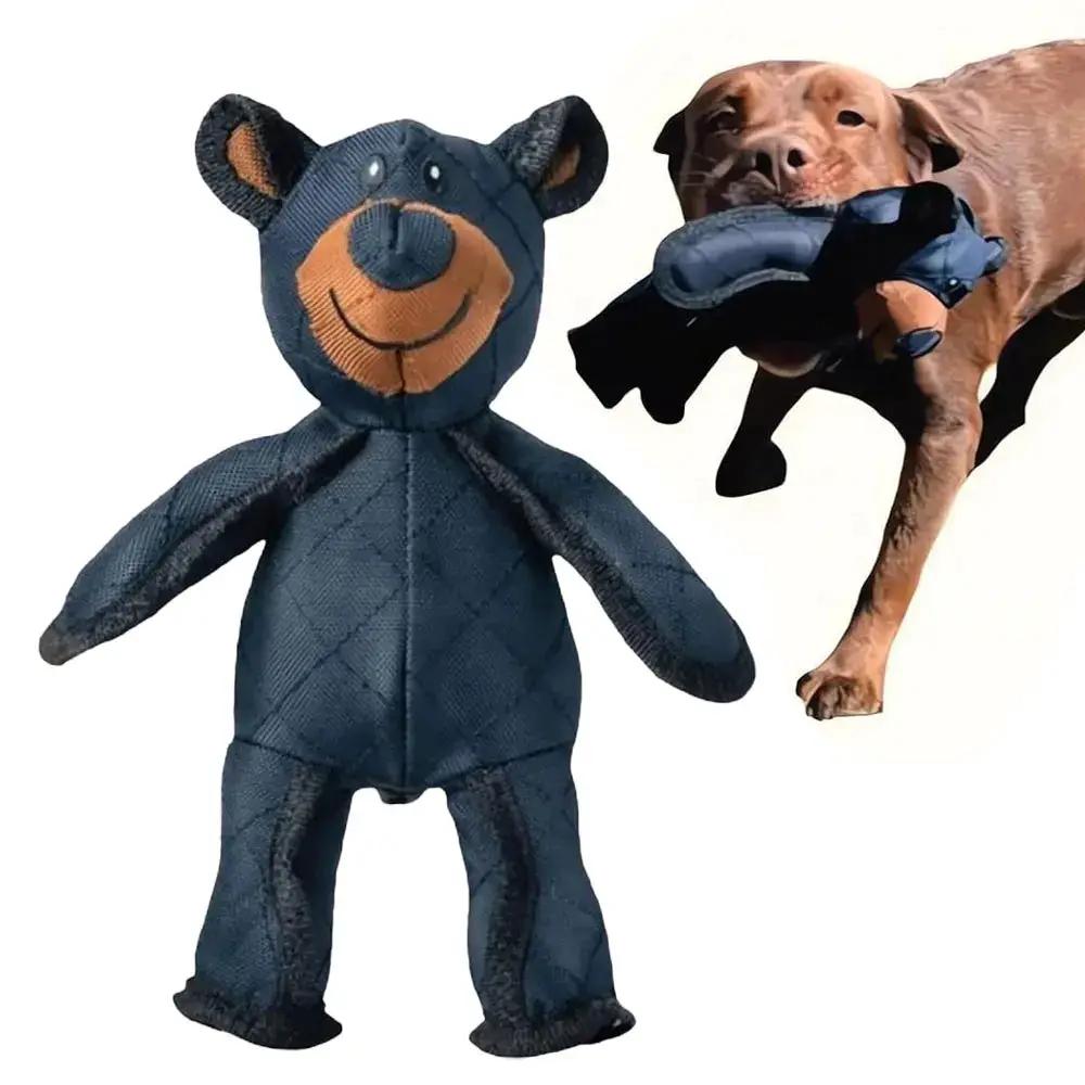eprolo Mighty Bear plush dog toy, blue quilted fabric with brown muzzle, interactive soundmaking chew toy