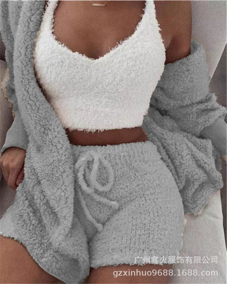 Women's clothing, winter plush home wear, casual 3Pcs pajamas long sleeved shorts sports set