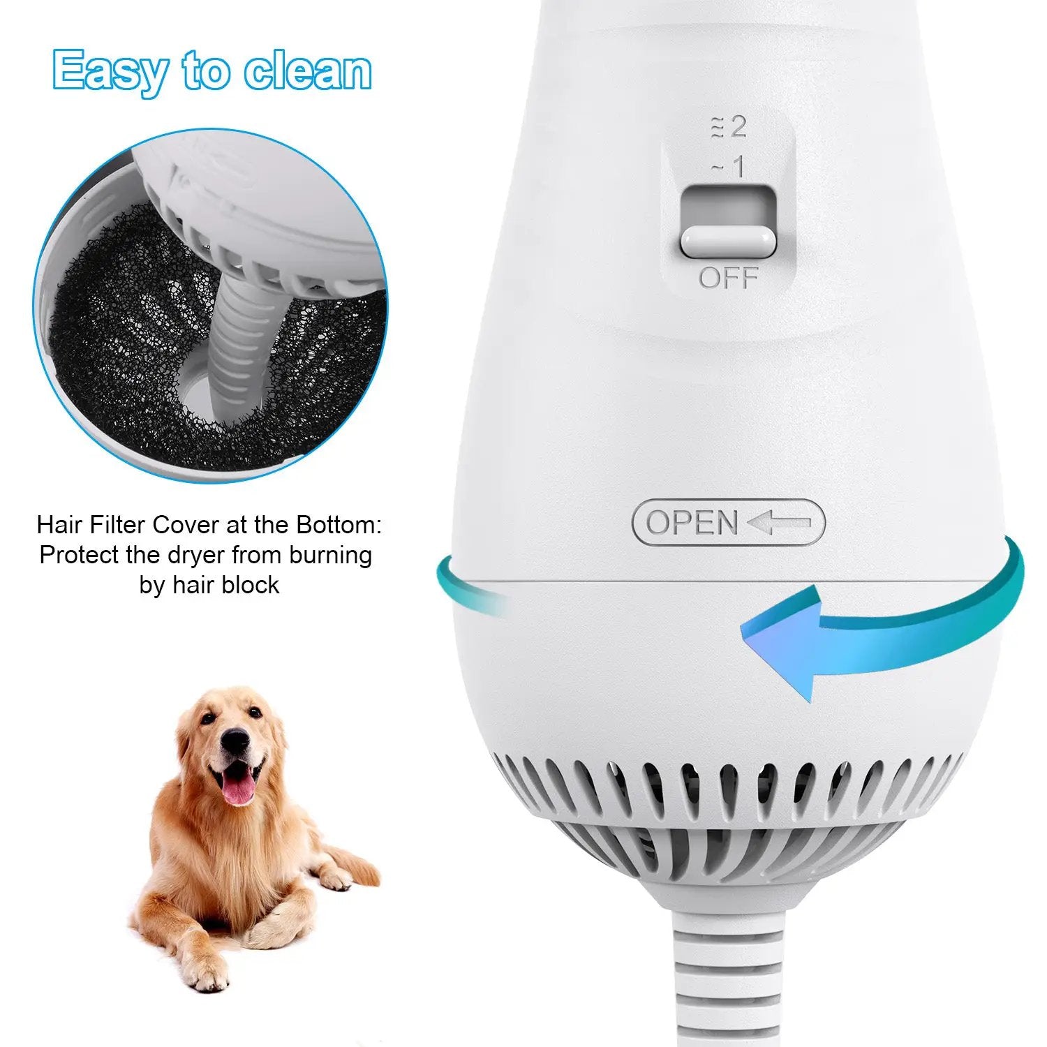 eprolo 2-in-1 portable dog dryer with comb brush, white, low-noise pet grooming tool