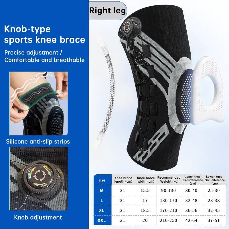 Knob-type knee brace with spring support by eprolo, black with silicone anti-slip strips for right leg.