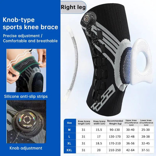 Knob-type knee brace with spring support by eprolo, black with silicone anti-slip strips for right leg.