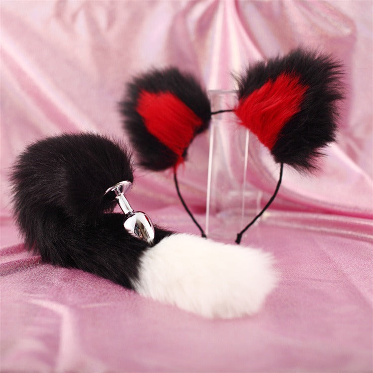 40cm black tailed white pointed bicolor fun plush hair clip with ear role-playing metal anal plug expansion