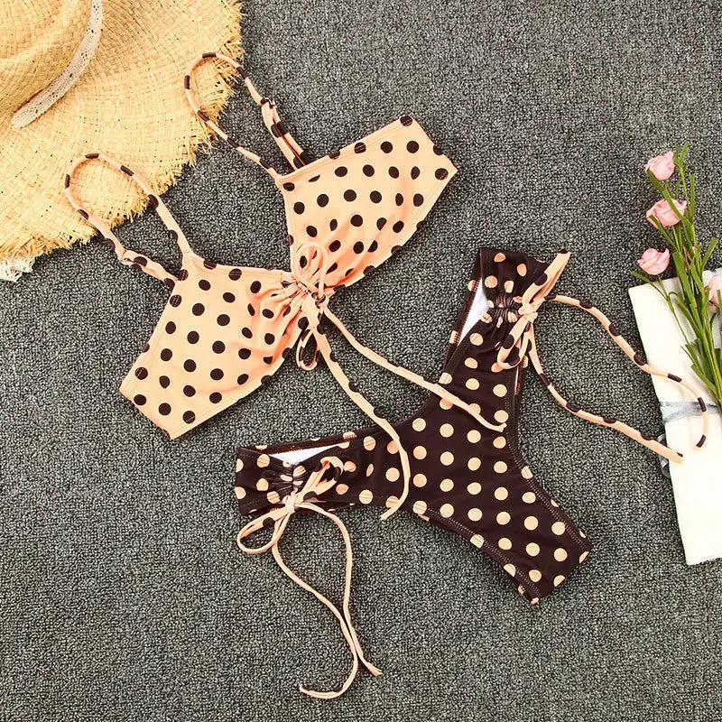 Two-piece women's polka-dot bikini set in peach and brown with side ties, two color options.