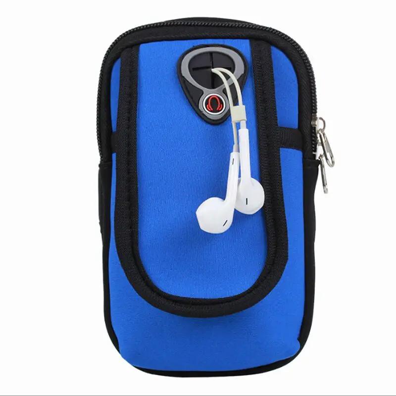 Sport arm running bag blue nylon gym bag with phone pocket and earbud cord port