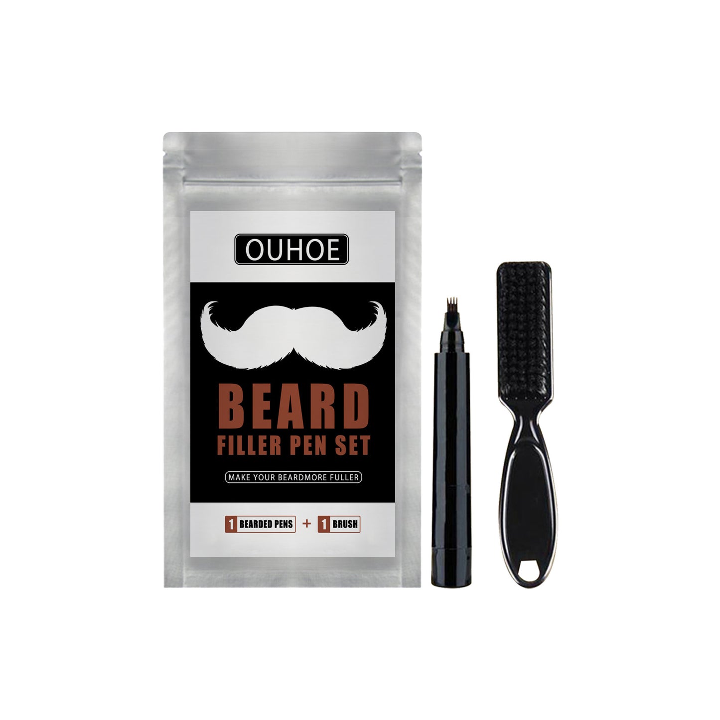 OUHOE Beard Filler Pen, Black Beard Forked Four Natural Waterproof Filling Brush Set