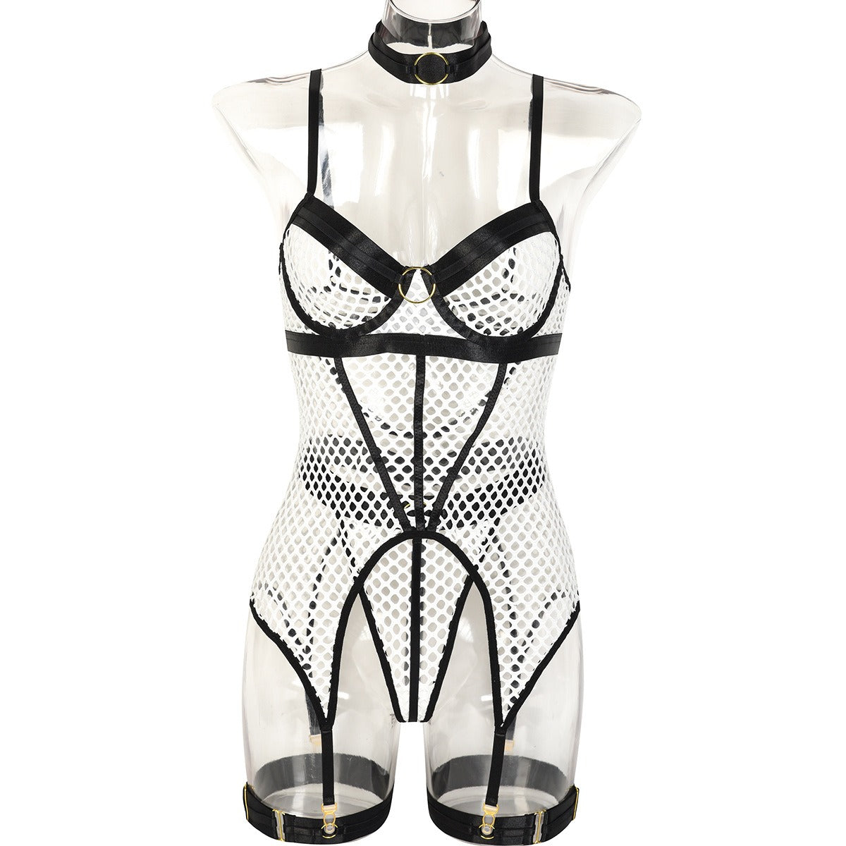 Fun Skirt 3 Piece Set of Quick Selling Popular Large Mesh Splice with Steel Ring Hanging Neck and Leg Ring Underwear 3367