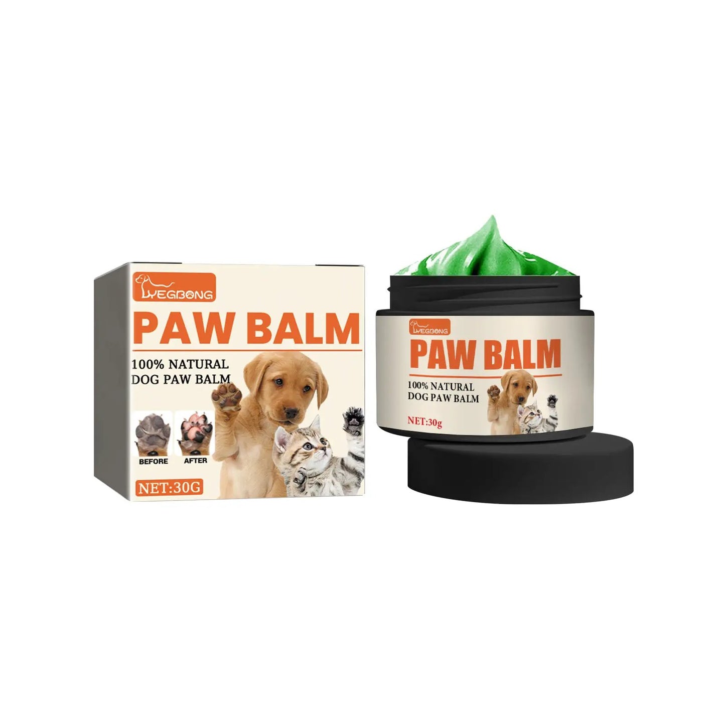 Pet Paw Balm set: 2 items (box and jar) of 100% natural dog and cat paw balm with green cream, 30g net