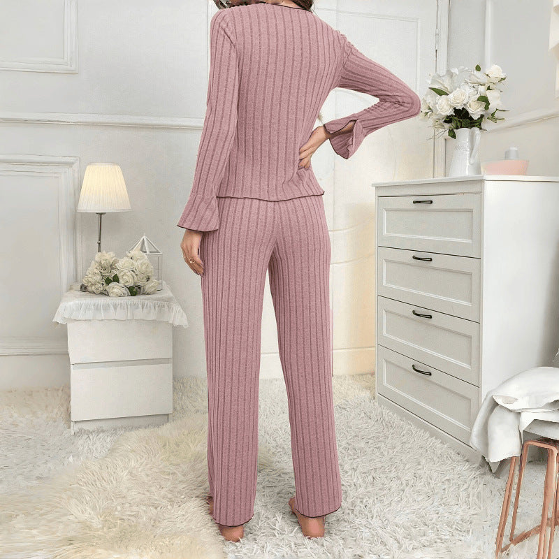 Fashionable Sexy Long Sleeve Long Pants Pajama Set for Women with Turn-Down Collar and Bow,Autumn/Winter Home Wear