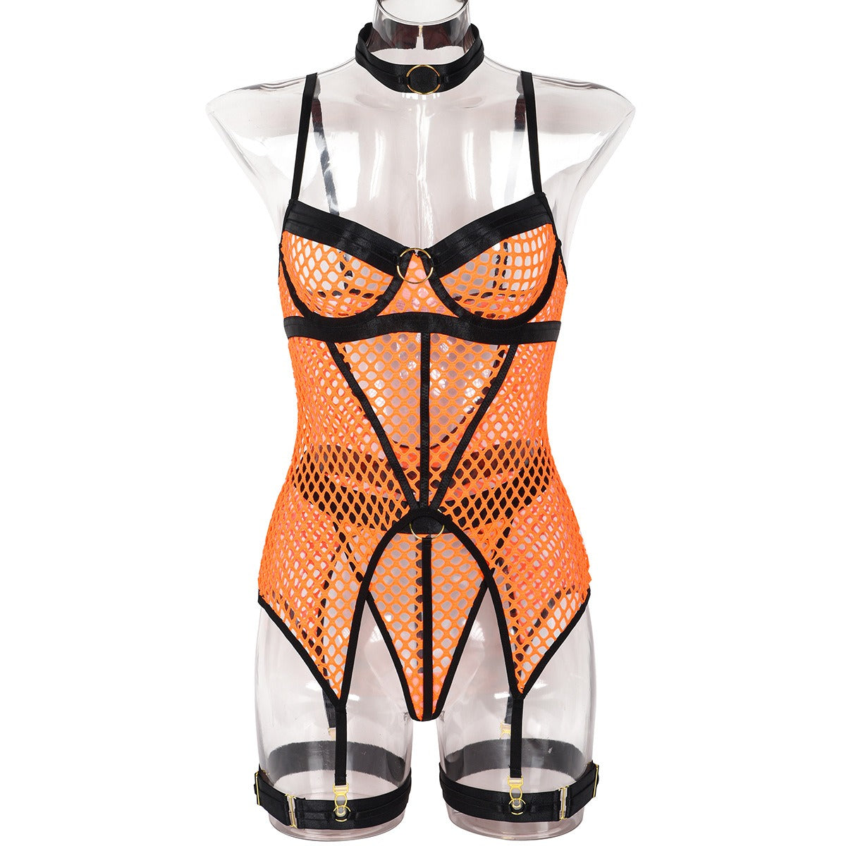 Fun Skirt 3 Piece Set of Quick Selling Popular Large Mesh Splice with Steel Ring Hanging Neck and Leg Ring Underwear 3367