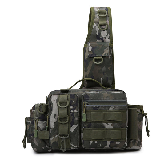 Men's Fishing Backpack: Equipped with bait box, equipment storage bag, pole holder, sling & shoulder bag design.