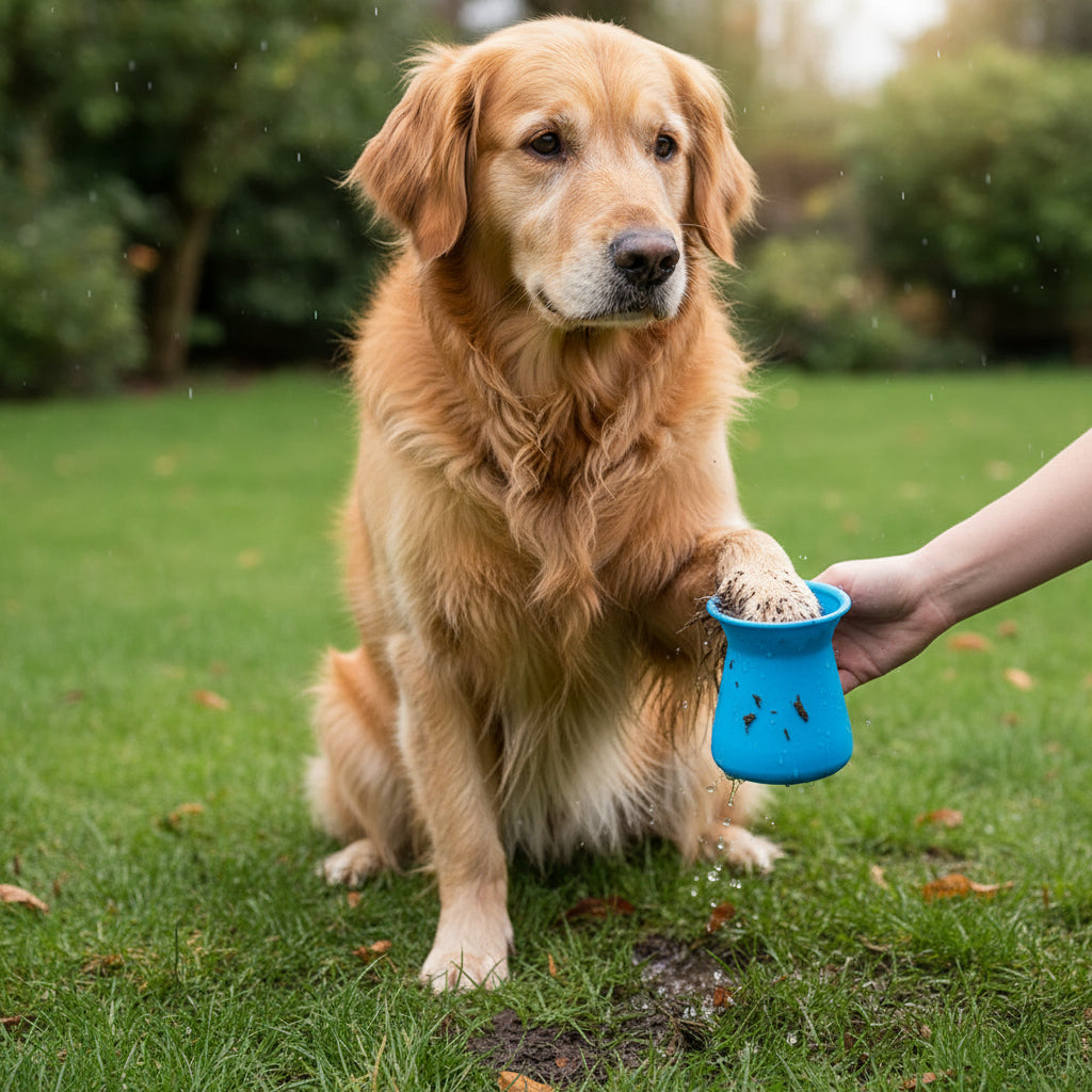 Dog paw cleaner cup, blue silicone with internal bristle spikes for grooming