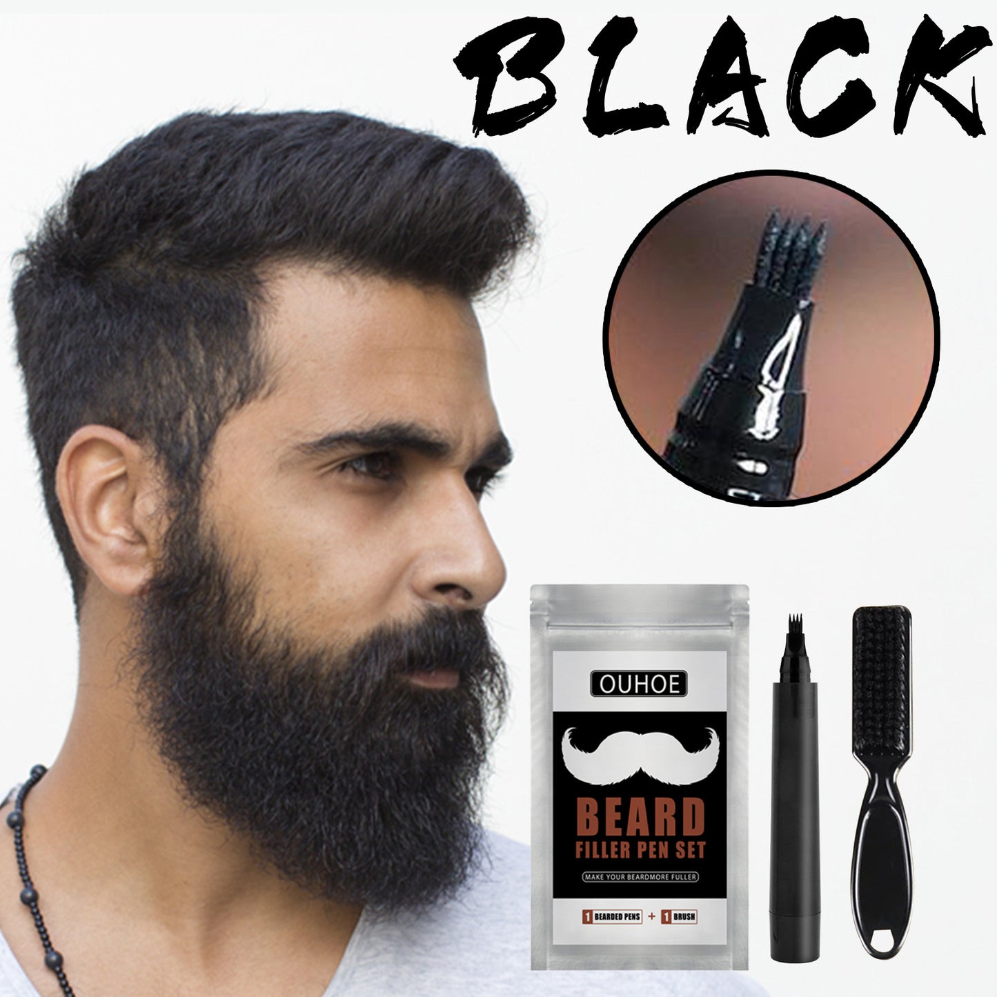 OUHOE Beard Filler Pen, Black Beard Forked Four Natural Waterproof Filling Brush Set