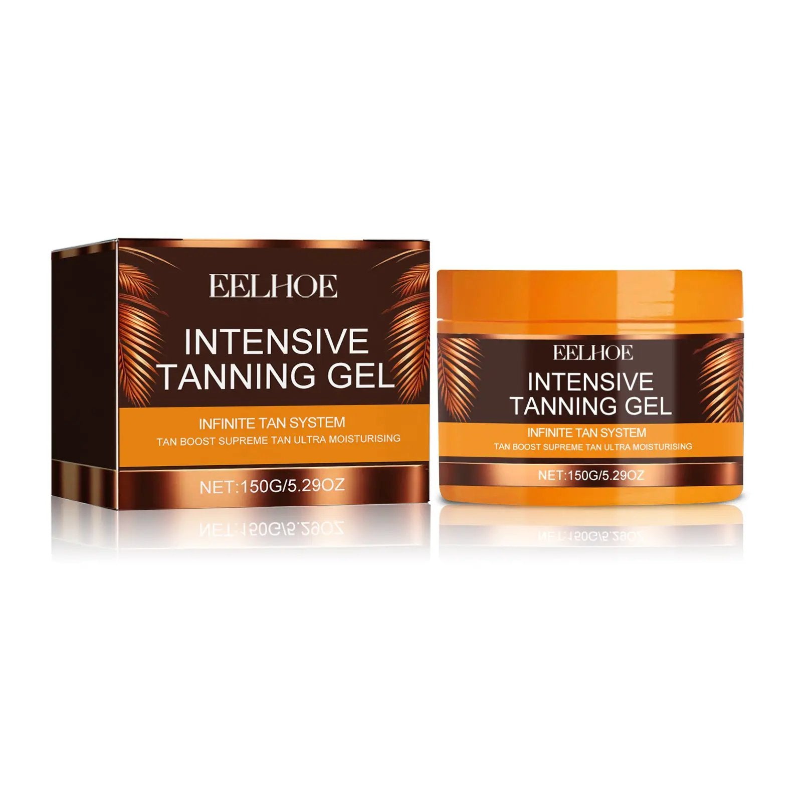 Intensive Tanning Gel by EELHOE; orange-lidded jar with dark brown label beside its box (2-item set)