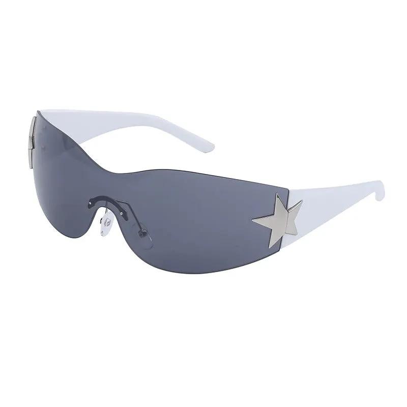 Retro rimless sunglasses with gray shield lenses, light blue translucent temples, star accent on arms